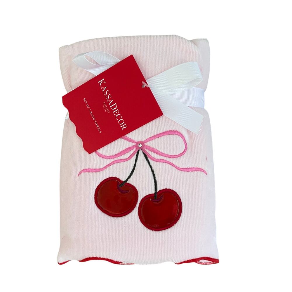 2 Pink Bow Red Leather Cherries Hand Towels Coquette Scallop Valentine's Day FUN